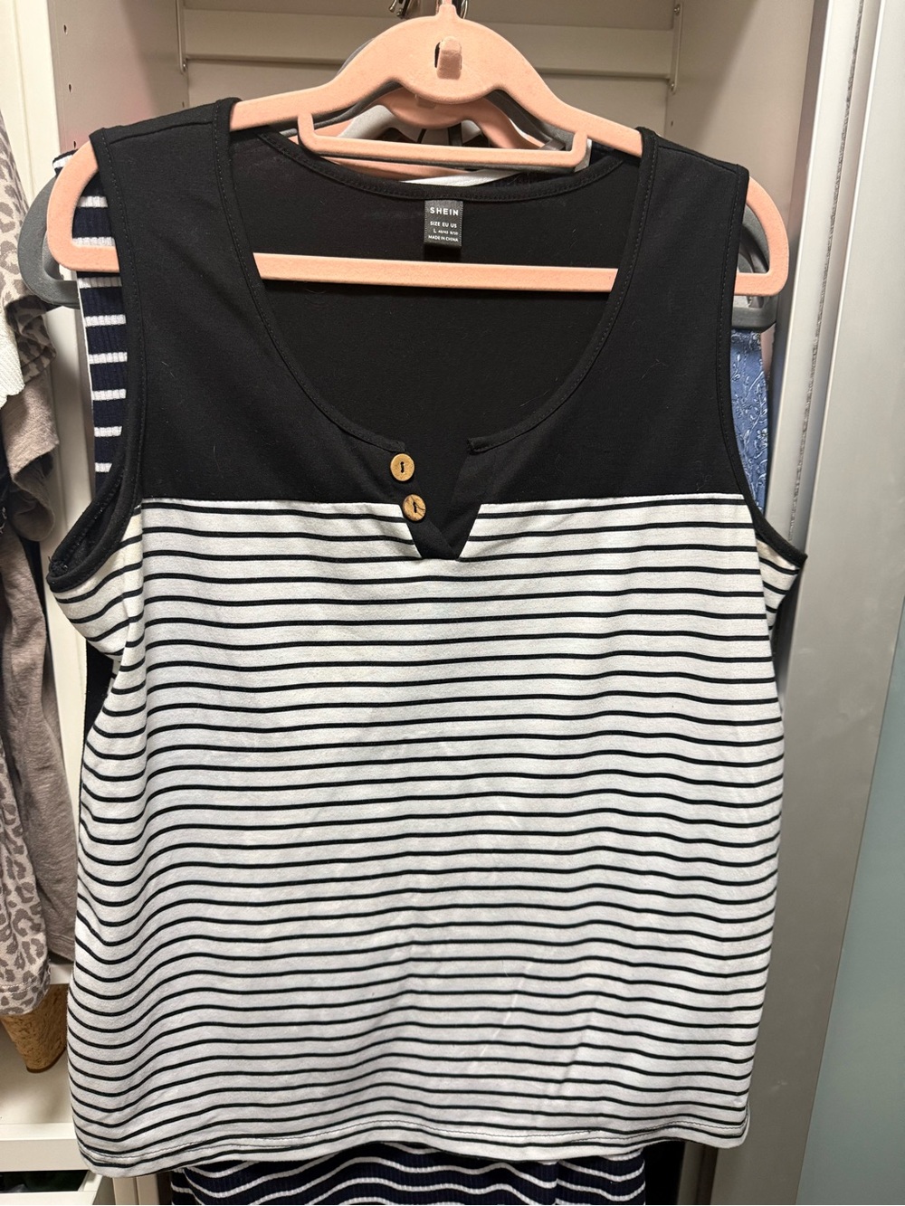 Sleeveless Striped Tank Top with Button Detail - Black & White